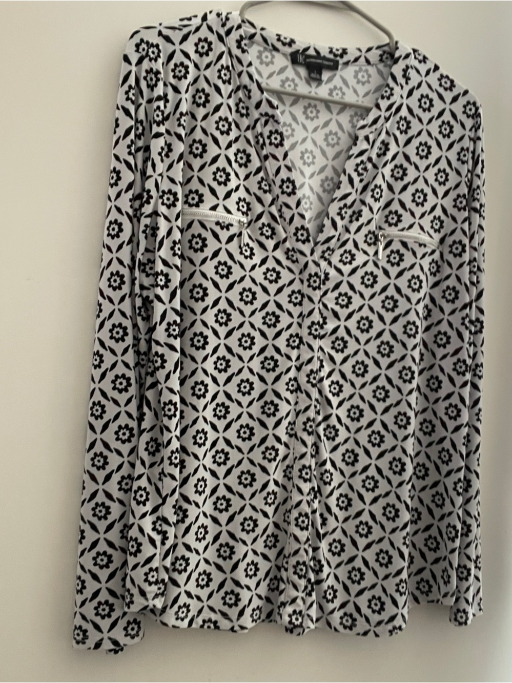 INC International Concepts Black and White Geometric Button-Down Blouse